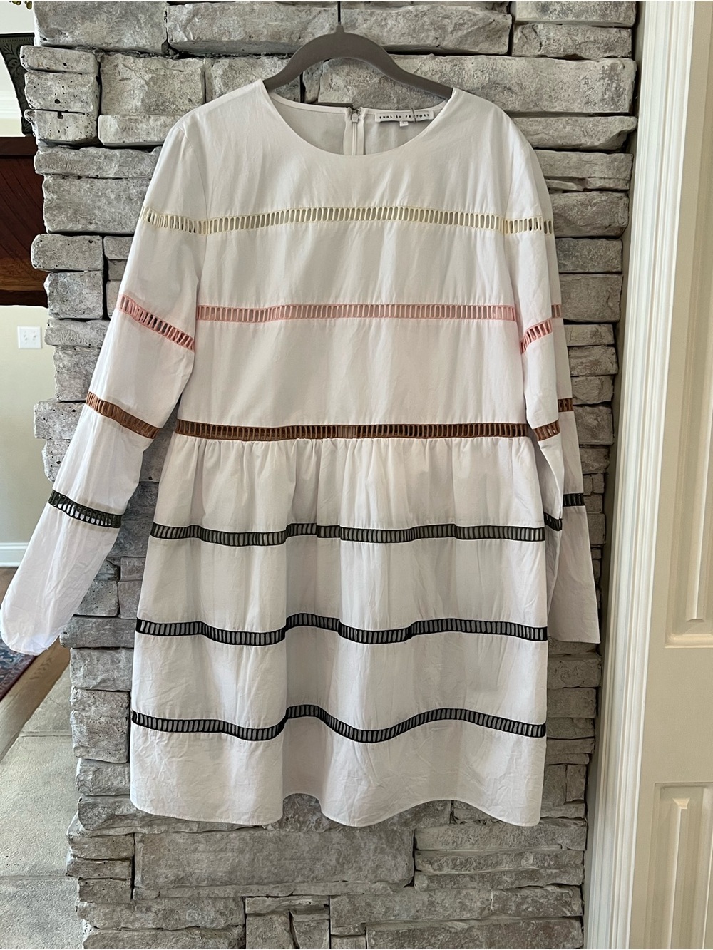 English Factory White Cotton Ladder Trim Dress Long Sleeve Size Large